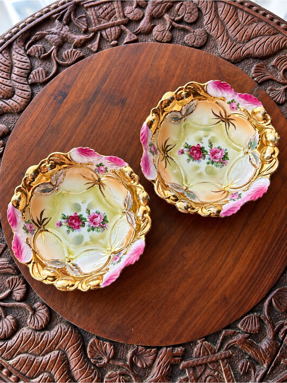 Antique German Rose & Heavy Gold Gilt Scalloped Bowls, c. 1891–1930s